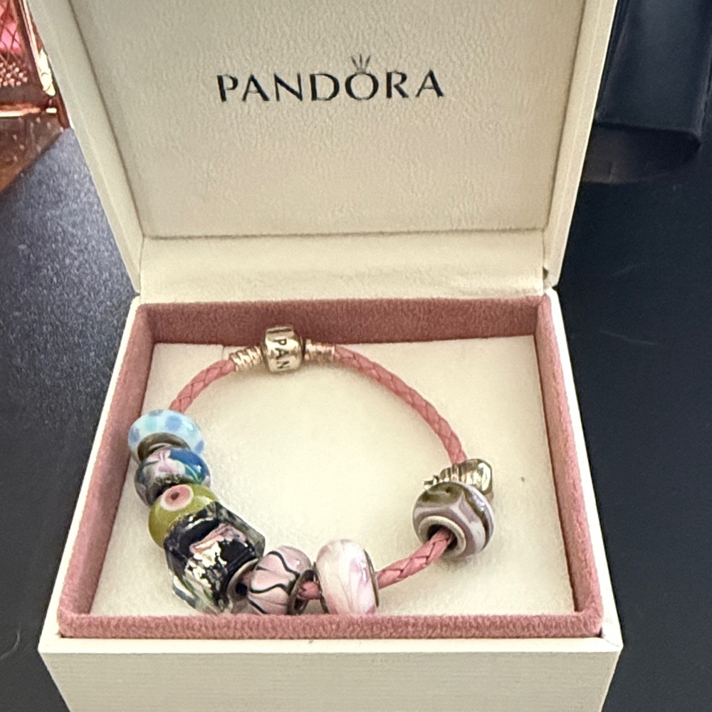 Pandora Pink Leather Bracelet with Pastel Glass Beads
